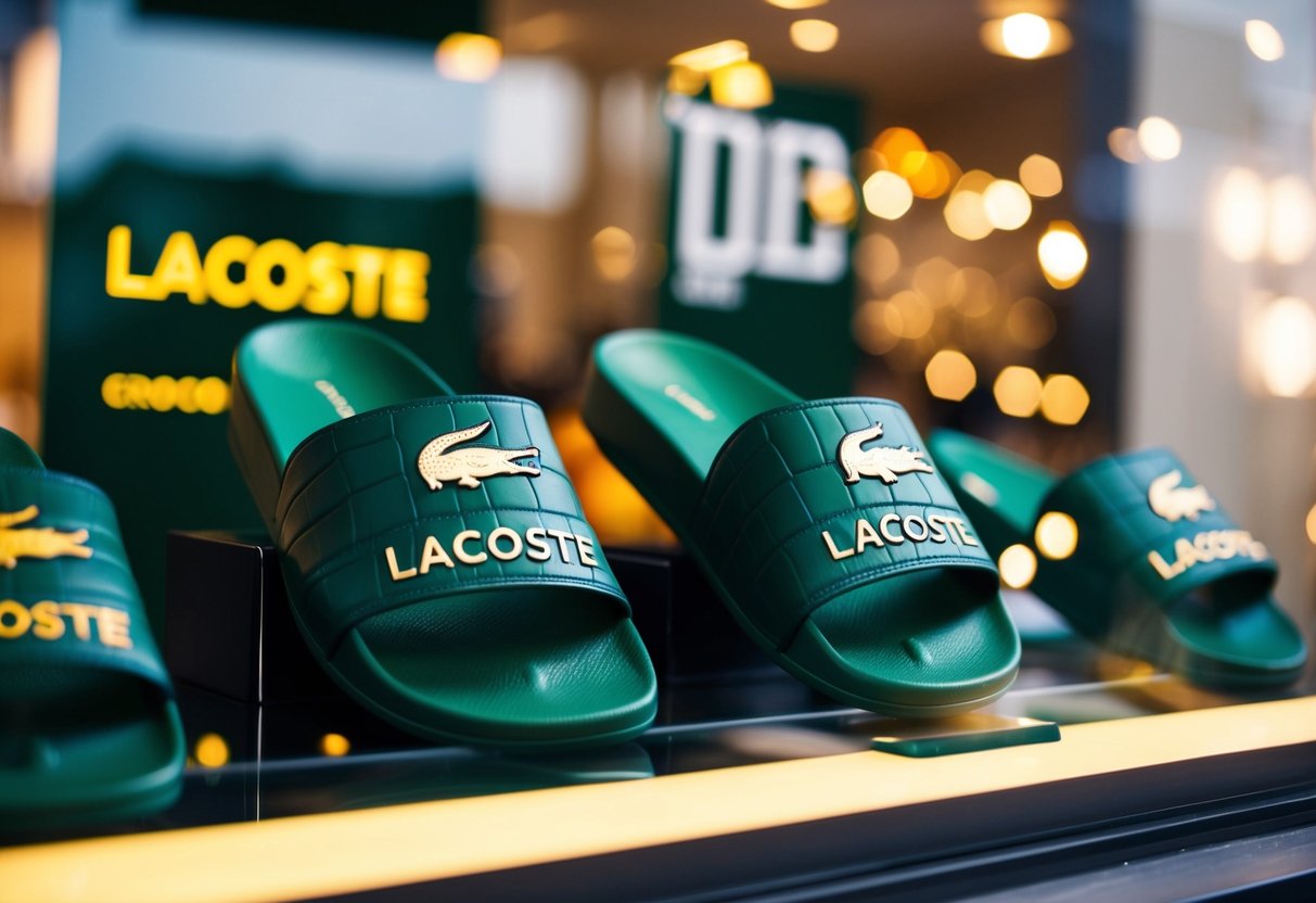 A display of Lacoste Croco Slides with promotional signage in a store window