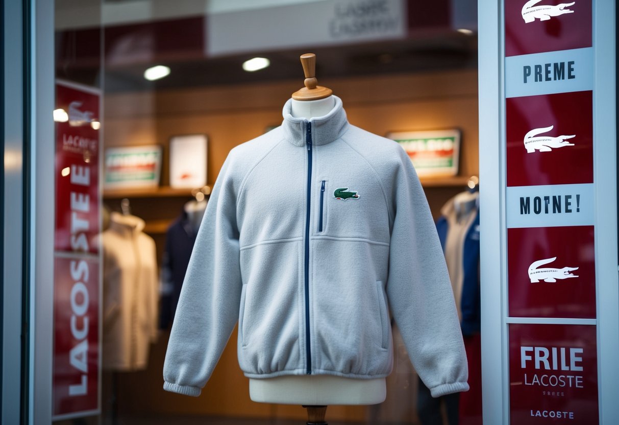 A cozy Lacoste Full-Zip Fleece Jacket displayed on a mannequin in a store window, surrounded by promotional signs and banners