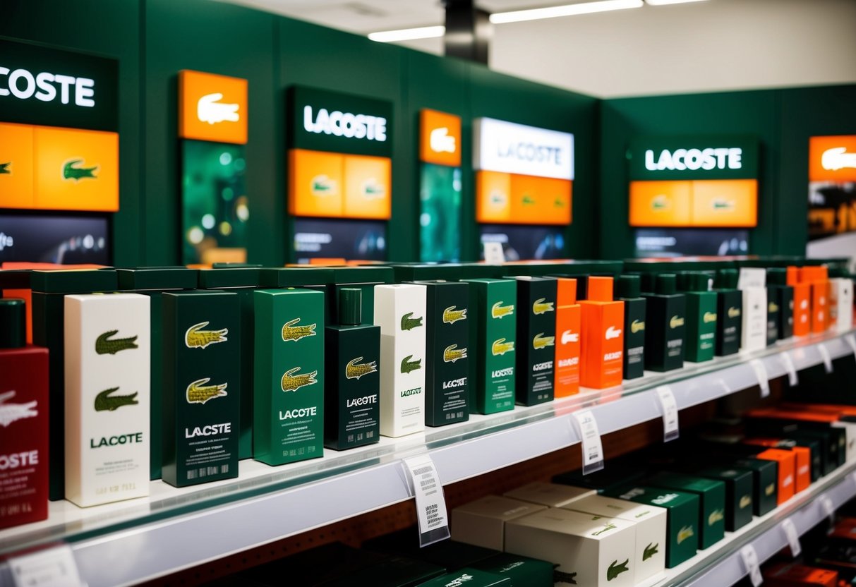 A display of Lacoste products arranged on shelves with promotional signage and banners