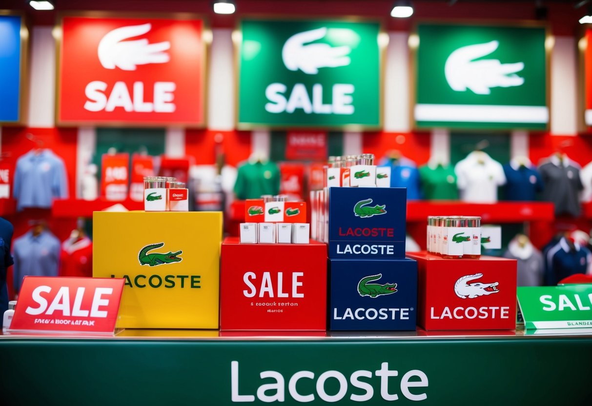 A colorful display of Lacoste products with sale signs and banners