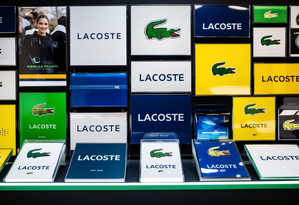 A vibrant display of Lacoste promotional materials, including logos, product images, and promotional messages, arranged in an organized and eye-catching manner