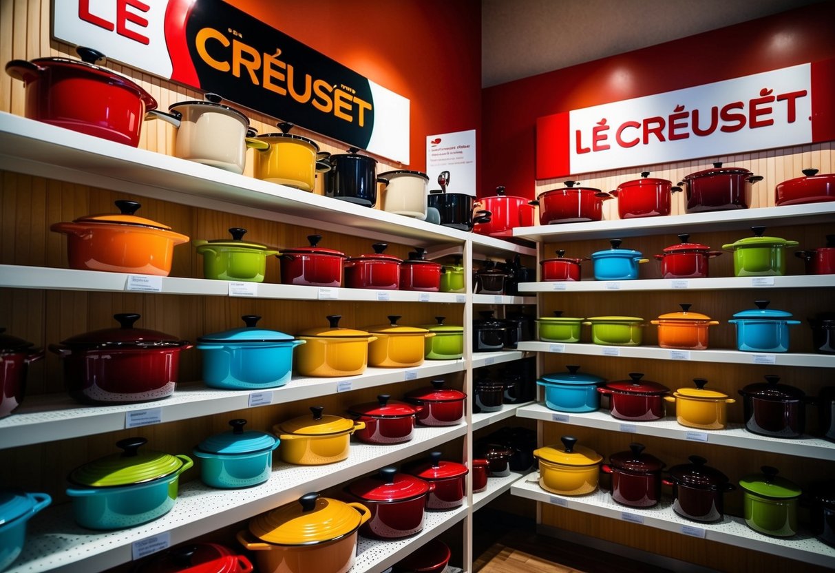A colorful display of Le Creuset cookware on shelves with promotional signs