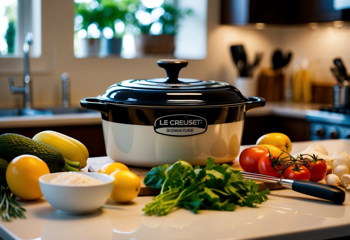 A kitchen counter with a Le Creuset Signature Cast Iron Round Casserole surrounded by fresh ingredients and cooking utensils