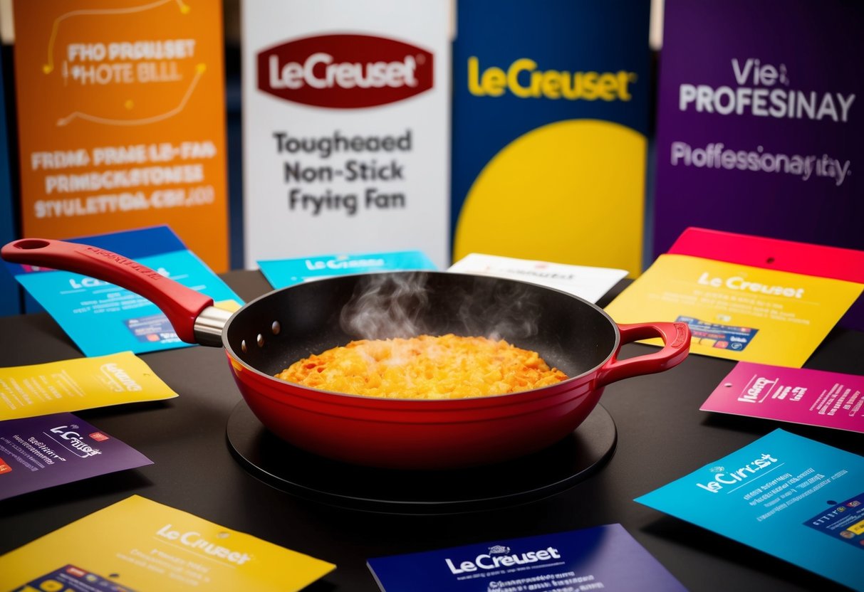 A sizzling Le Creuset Toughened Non-Stick Frying Pan surrounded by colorful promotional banners