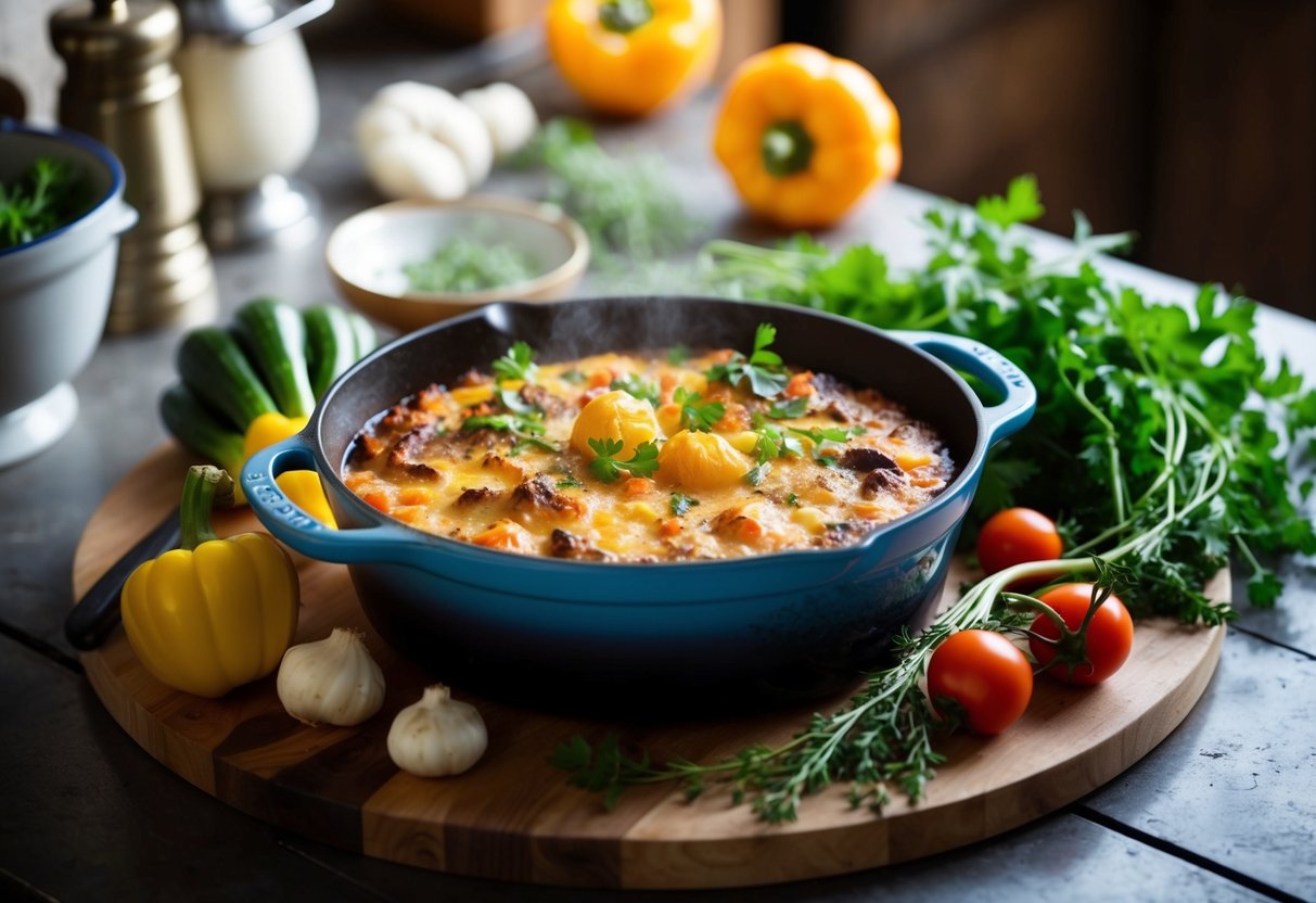 A bubbling Le Creuset Cast Iron Shallow Casserole surrounded by fresh vegetables and herbs on a rustic kitchen counter