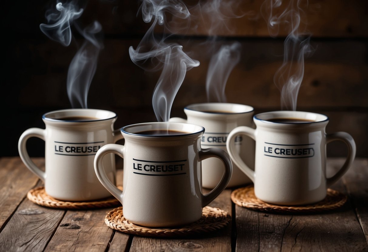 Four Le Creuset stoneware mugs arranged on a rustic wooden table, with steam rising from freshly poured coffee