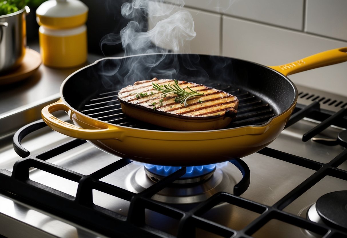 A sizzling Le Creuset grill pan sits on a stovetop, emitting steam and aroma as it cooks
