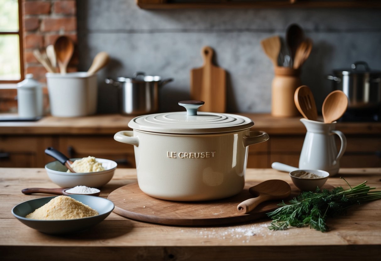 A rustic kitchen counter with a Le Creuset Stoneware Batter Bowl surrounded by cooking utensils and ingredients