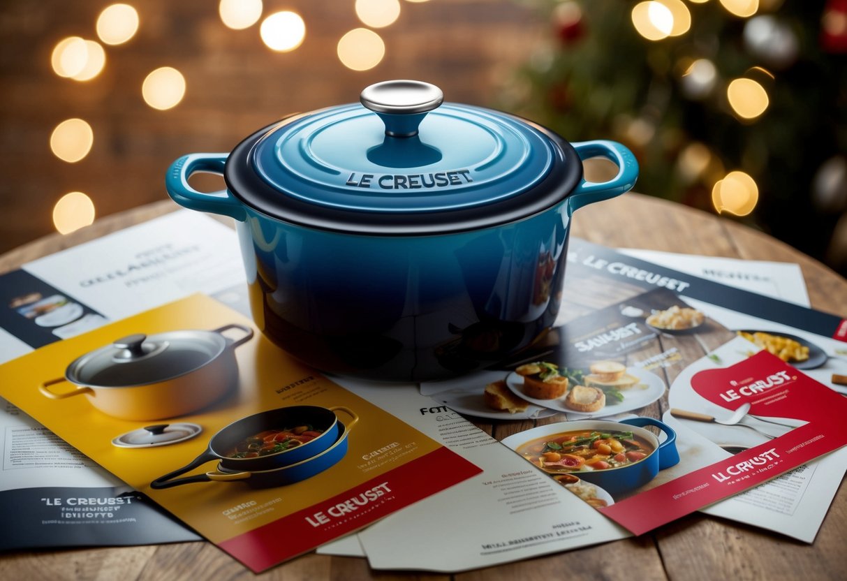 A Le Creuset Signature Saucepan surrounded by promotional materials