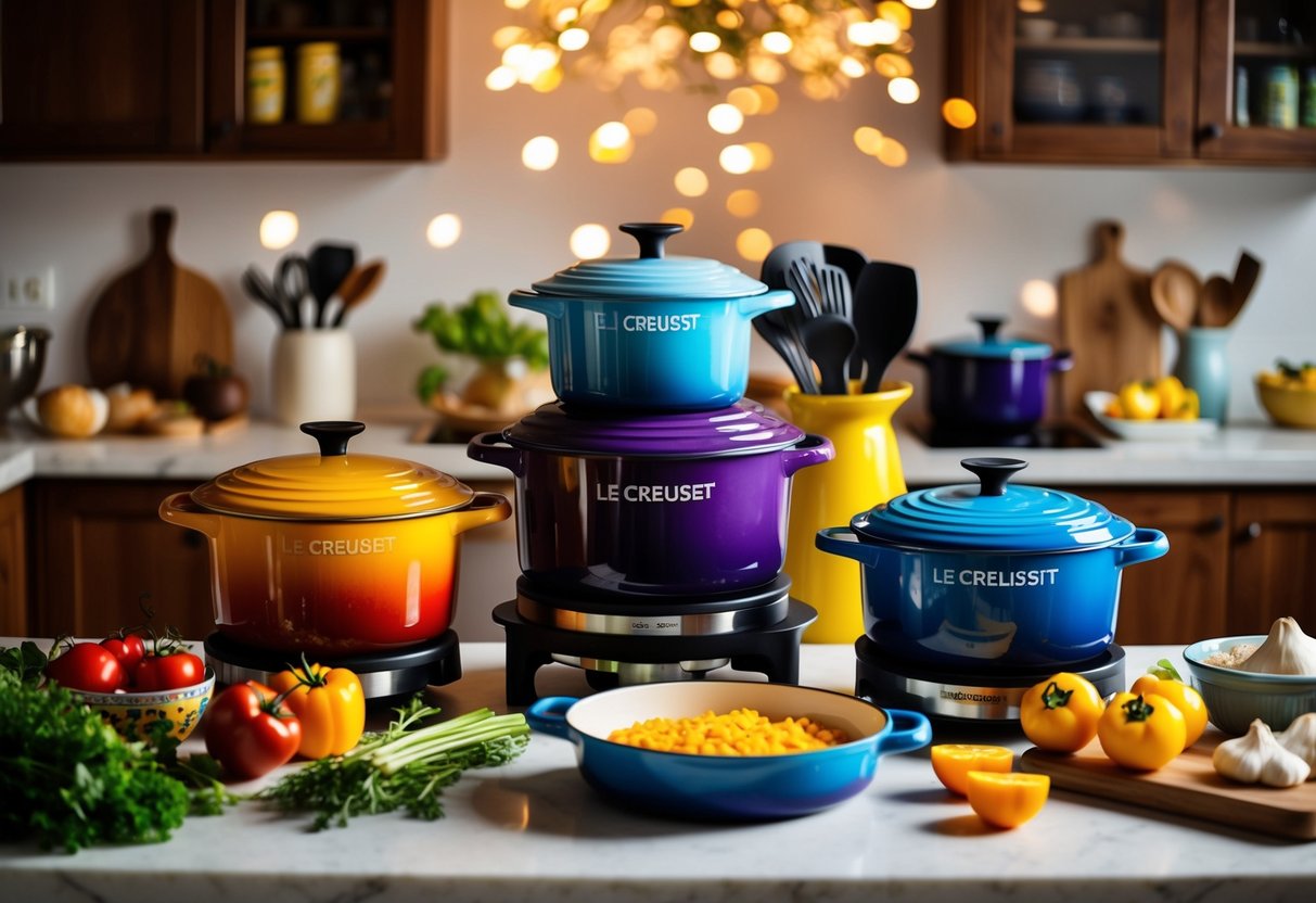 A colorful display of Le Creuset cookware on a kitchen counter, surrounded by fresh ingredients and cooking utensils