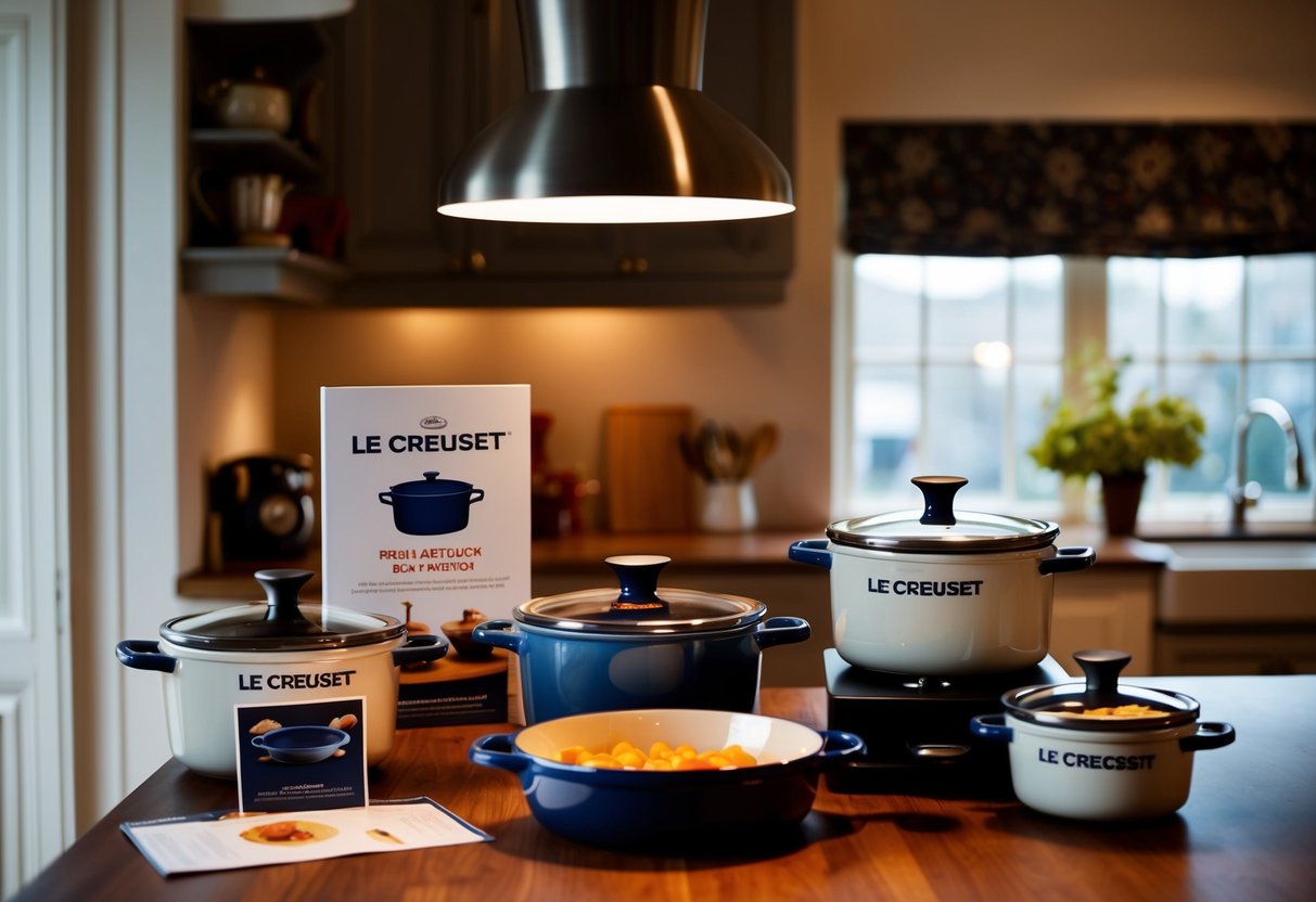 A kitchen scene with Le Creuset cookware displayed alongside promotional materials