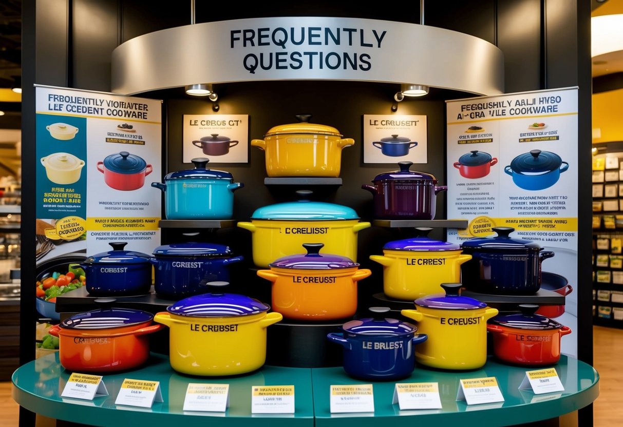 A colorful display of Le Creuset cookware with a "Frequently Asked Questions" banner above, surrounded by promotional signs and offers