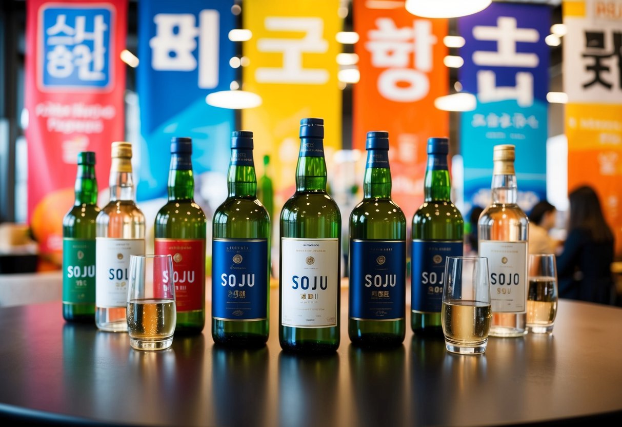A table with various bottles and glasses of soju, surrounded by colorful banners and promotional materials