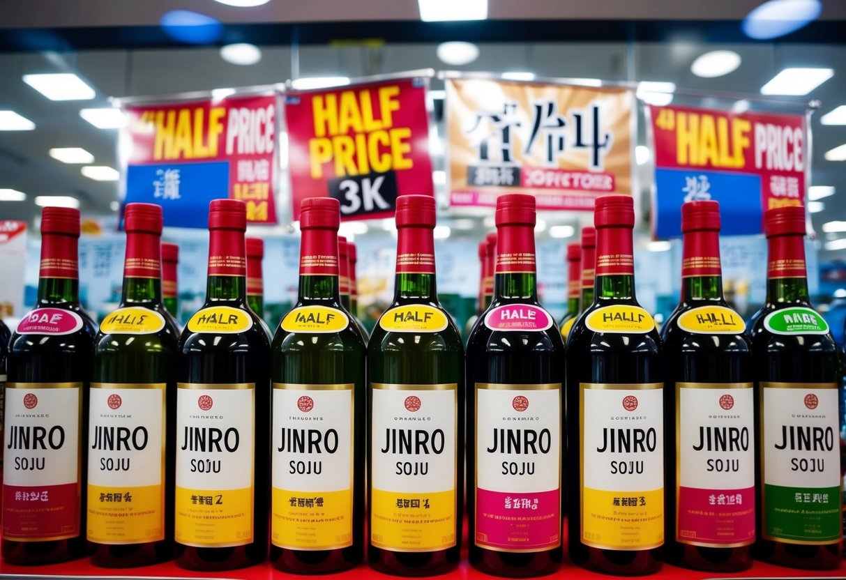 A colorful display of Jinro Soju bottles with "half price" signs and promotional banners