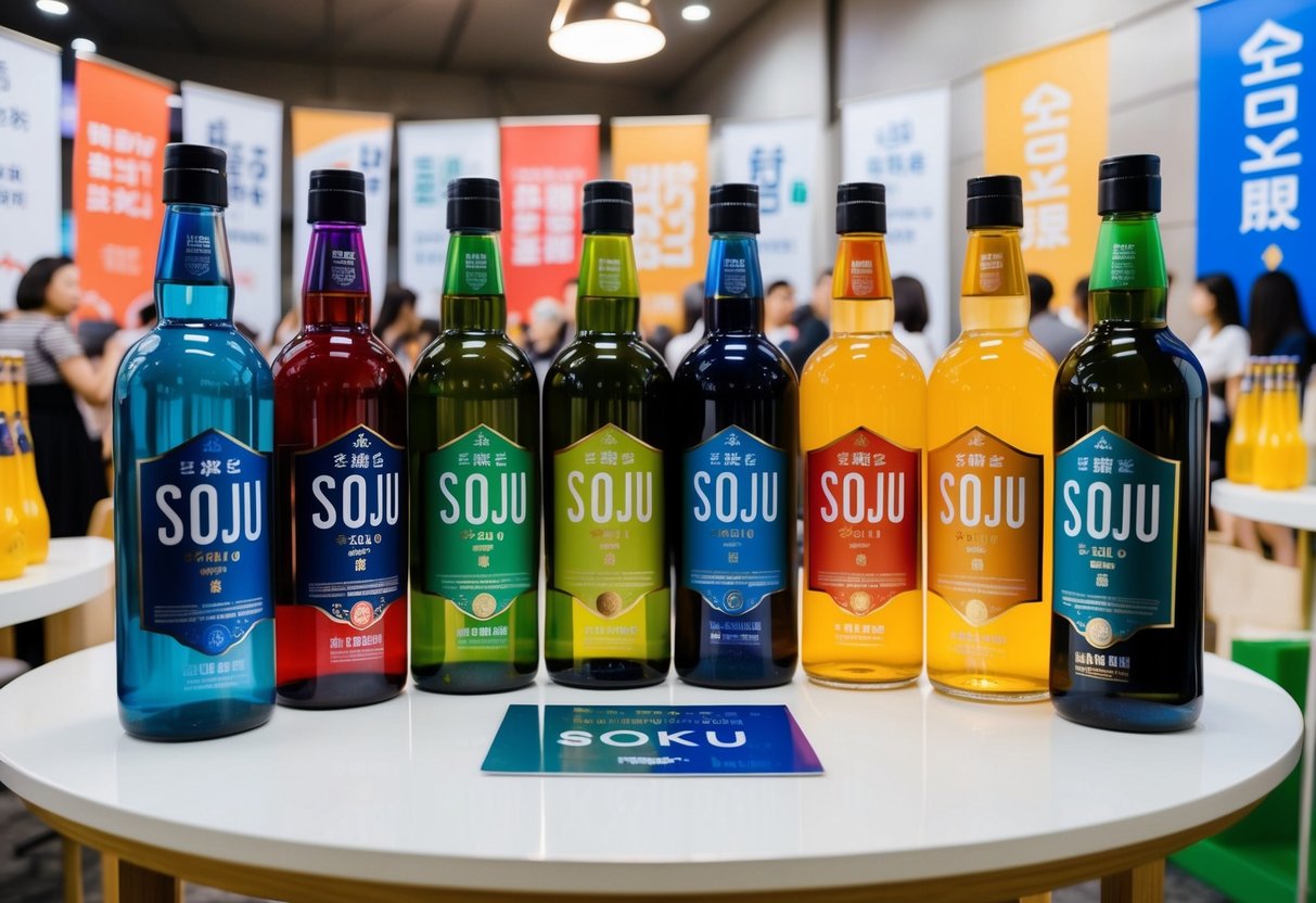 A group of colorful bottles of soju arranged on a table with promotional banners and signage displayed nearby