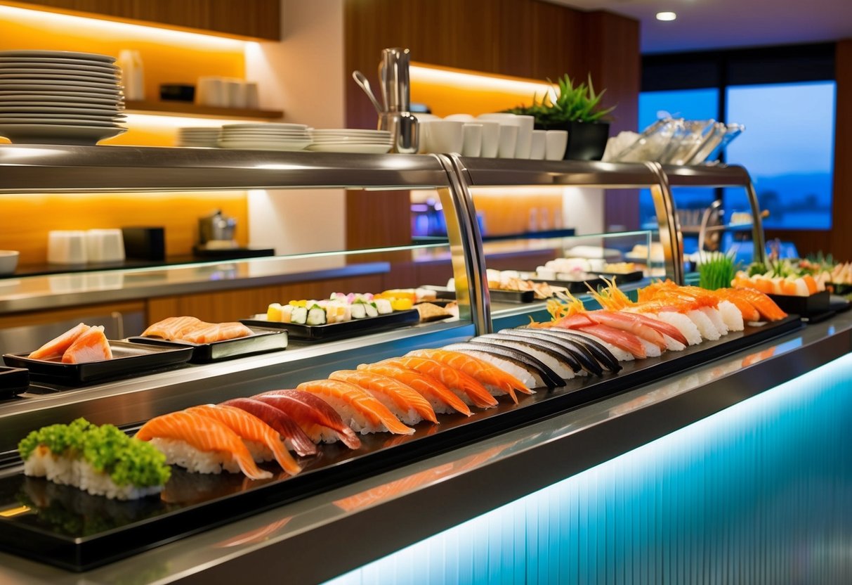 A colorful sushi bar with a variety of fresh fish and seafood displayed on a sleek, modern counter. Brightly lit with a welcoming atmosphere