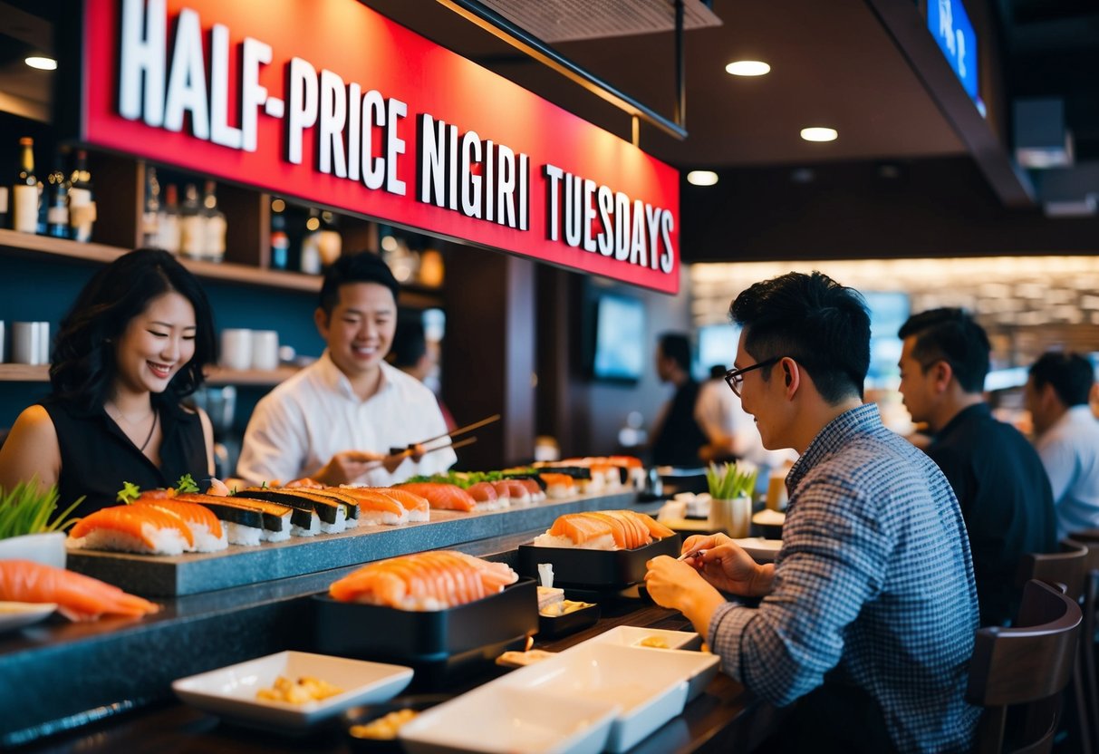 A bustling sushi bar with a "Half-Price Nigiri Tuesdays" sign, customers enjoying fresh sushi, and a lively atmosphere