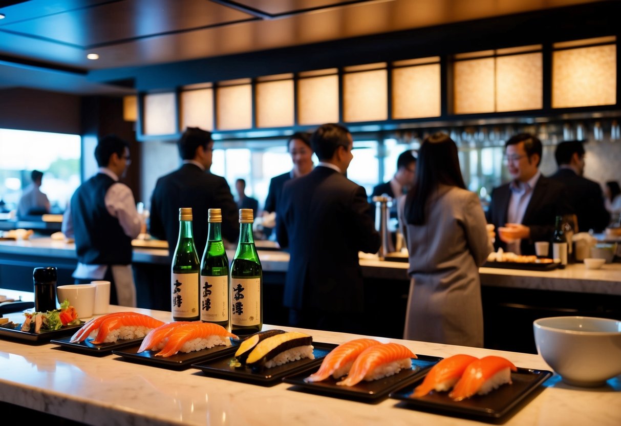 A bustling standing sushi bar during happy hour, with sake bottles and sushi platters on display and customers enjoying the lively atmosphere