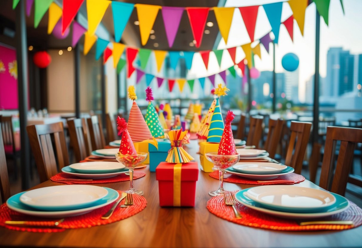 A festive table at Yakimix restaurant with colorful banners and birthday decorations