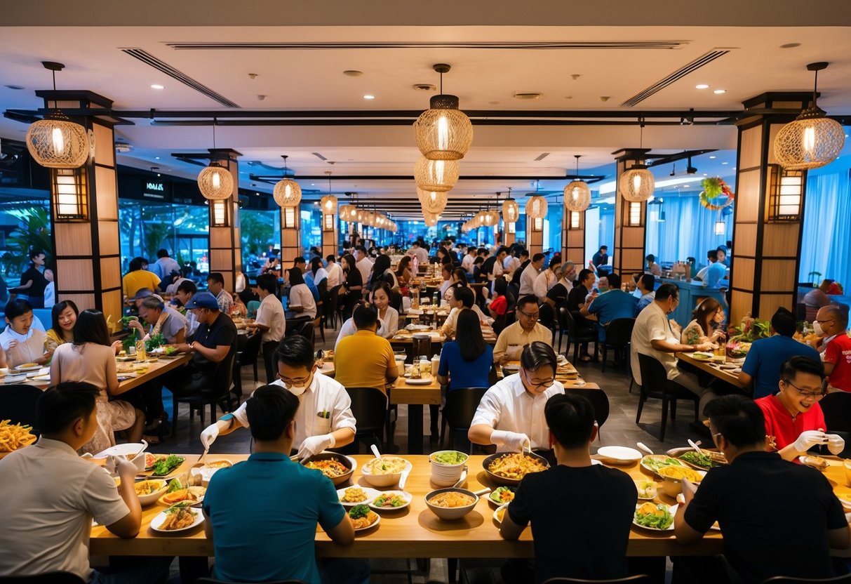 A bustling restaurant filled with diverse food stations and a vibrant atmosphere, with customers enjoying a weekend eat-all-you-can extravaganza at Yakimix promotions in Singapore