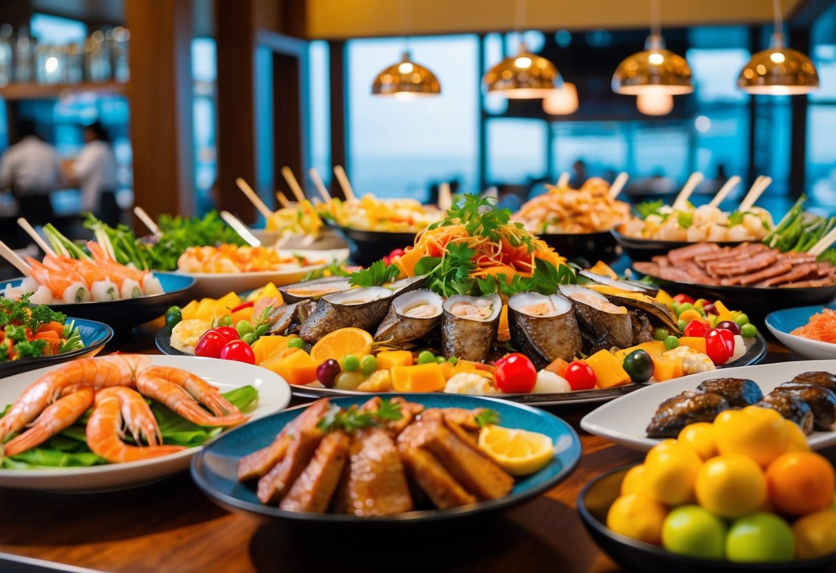 A vibrant buffet spread at Yakimix, featuring an array of fresh seafood, sizzling meats, and colorful fruits and vegetables
