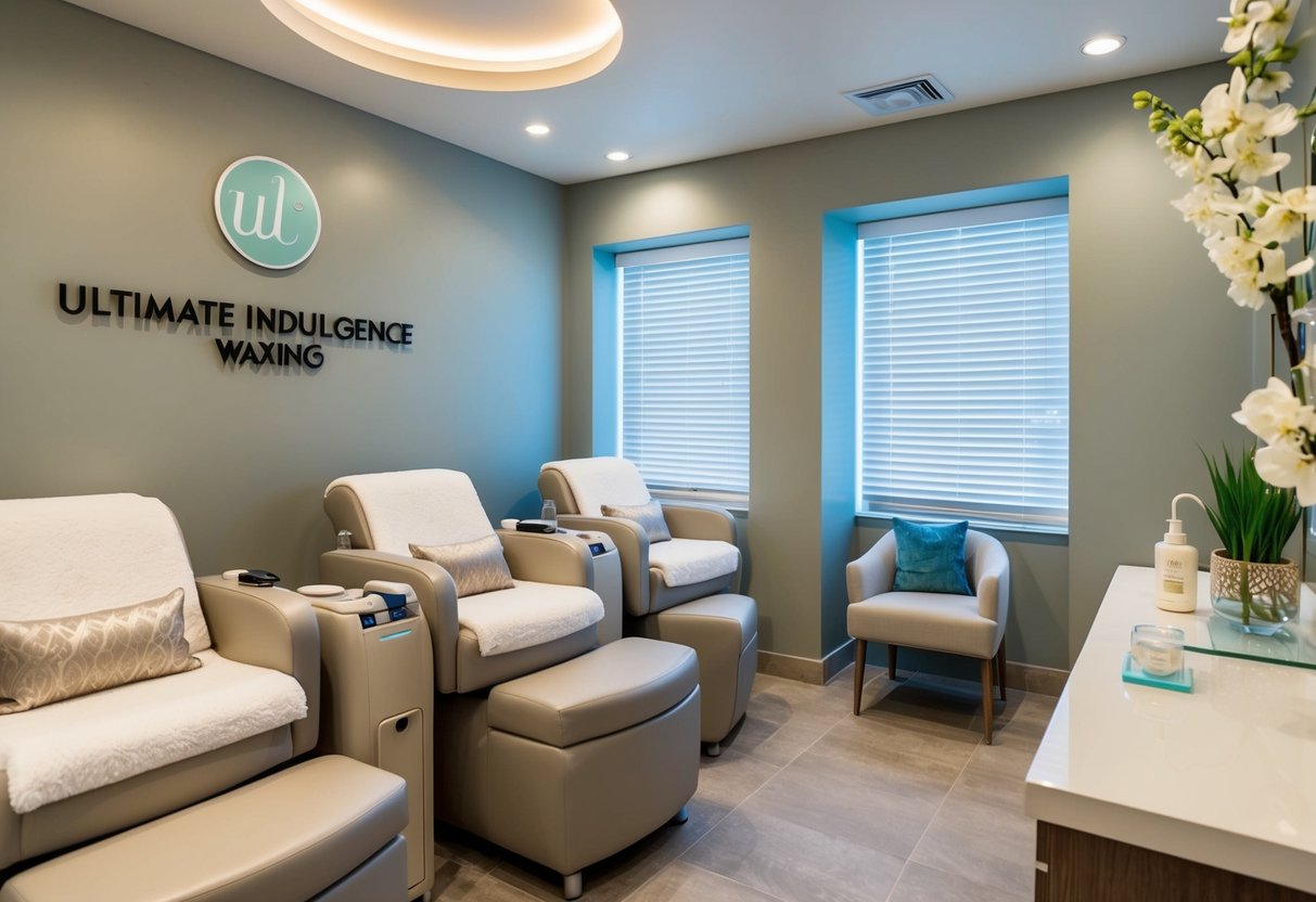 A serene spa room with soft lighting, plush seating, and a sleek waxing station, adorned with calming decor and the "Ultimate Indulgence Waxing" logo