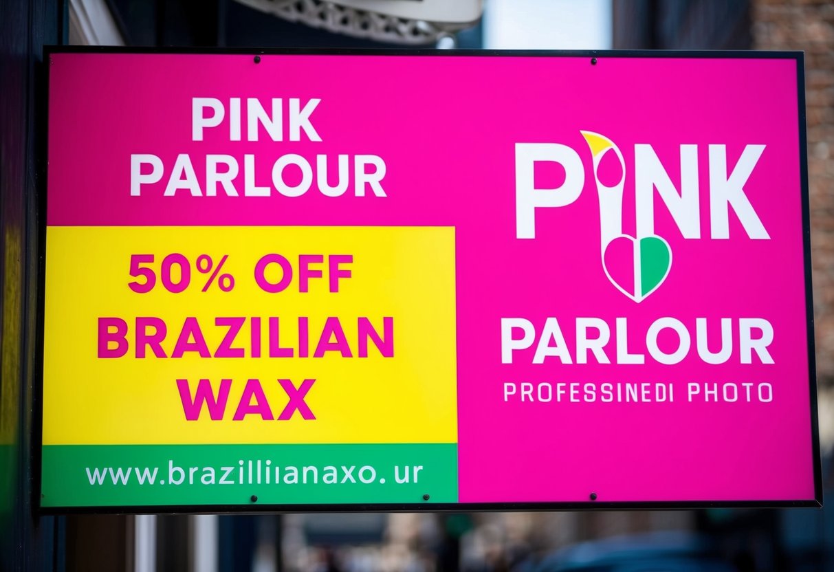 A brightly colored sign outside Pink Parlour advertises "50% off Brazilian Wax" with the company's logo prominently displayed
