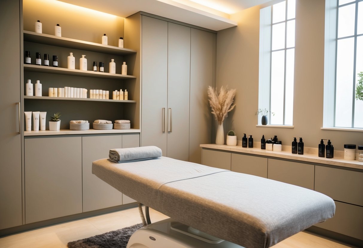 A serene spa room with soft lighting, a comfortable waxing bed, and shelves filled with luxurious waxing products