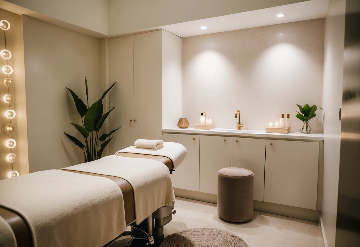 A serene spa room with soft lighting and a comfortable waxing bed, surrounded by minimalist decor and soothing music