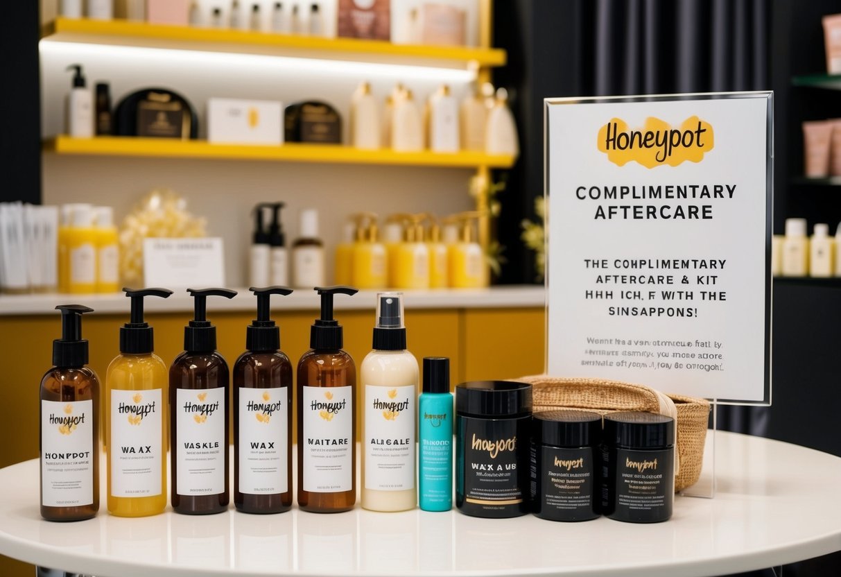 A table displays a variety of aftercare products at Honeypot Wax Boutique in Singapore. A sign advertises the complimentary aftercare kit with the waxing promotions