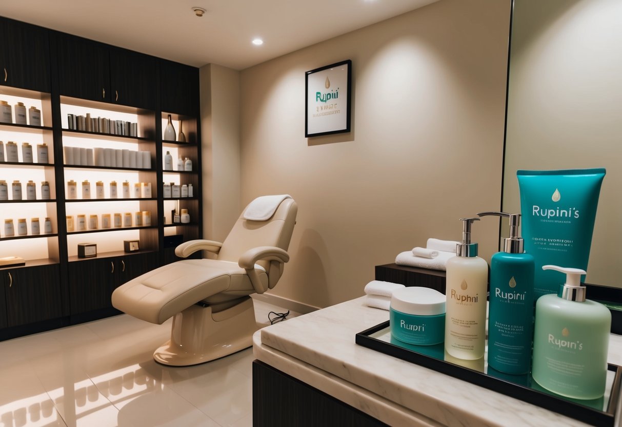 A serene spa room with soft lighting, a comfortable waxing chair, and shelves of high-quality waxing products at Rupini's Waxing Promotions in Singapore