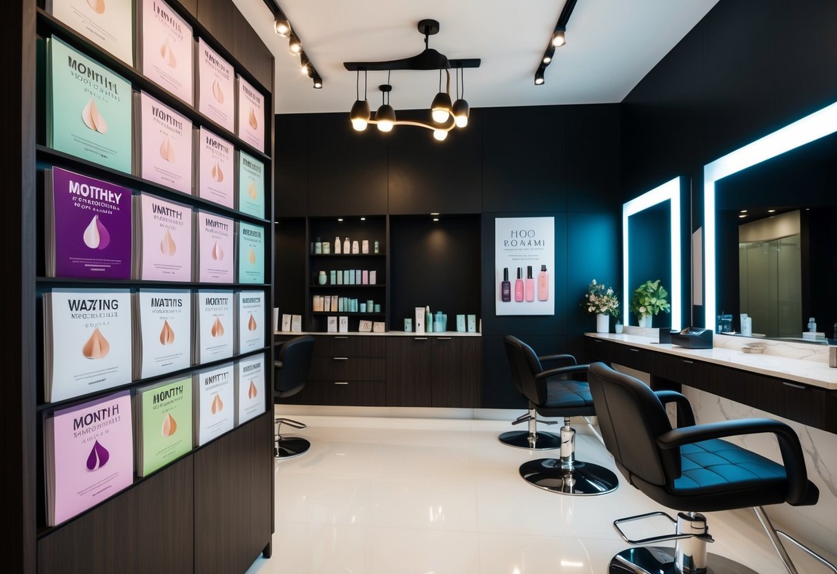 A sleek, modern salon interior with a display of monthly discount cards and promotional flyers for waxing services in Singapore