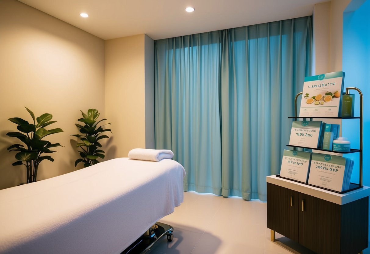 A serene spa room with soft lighting, a comfortable waxing bed, and a display of promotional materials for waxing services in Singapore