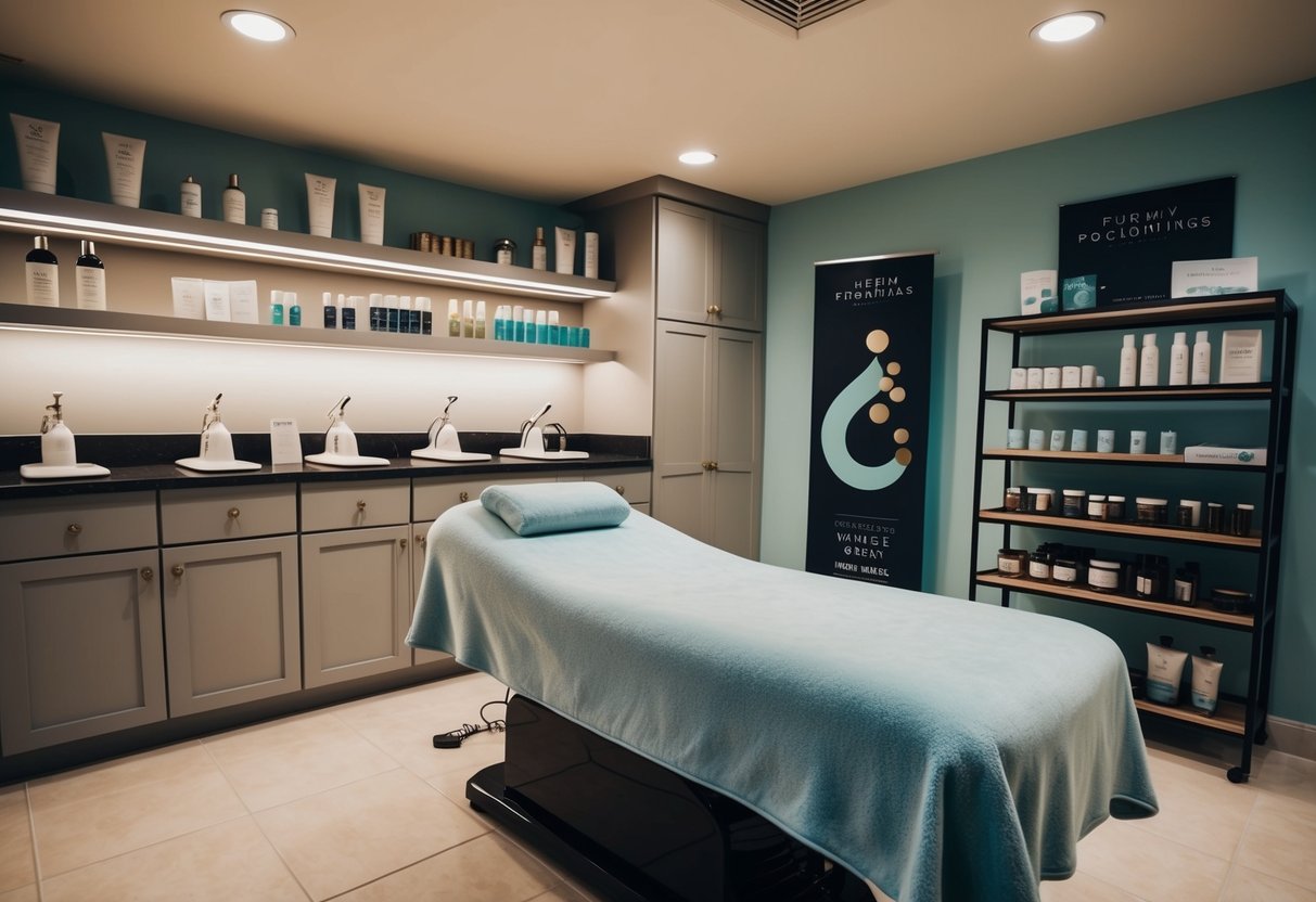 A serene spa room with soft lighting and a comfortable waxing bed, surrounded by shelves of various waxing products and promotional banners