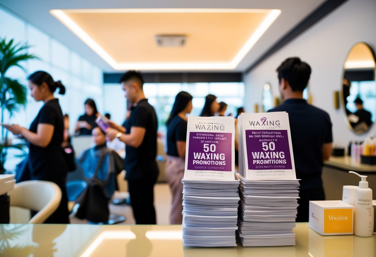 A busy salon reception desk with a stack of pamphlets advertising waxing promotions in Singapore. Customers queue in the background