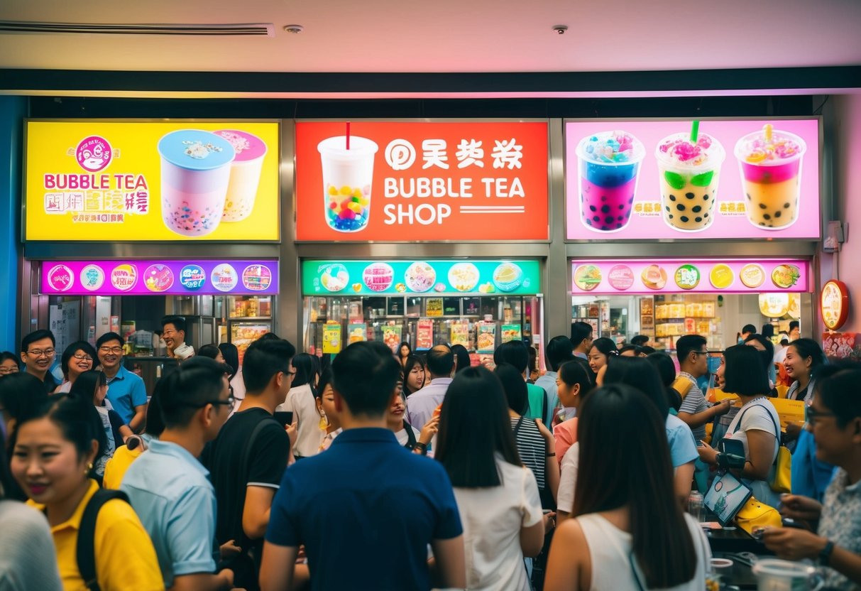 A colorful bubble tea shop in Singapore with vibrant promotional displays and a bustling crowd of customers