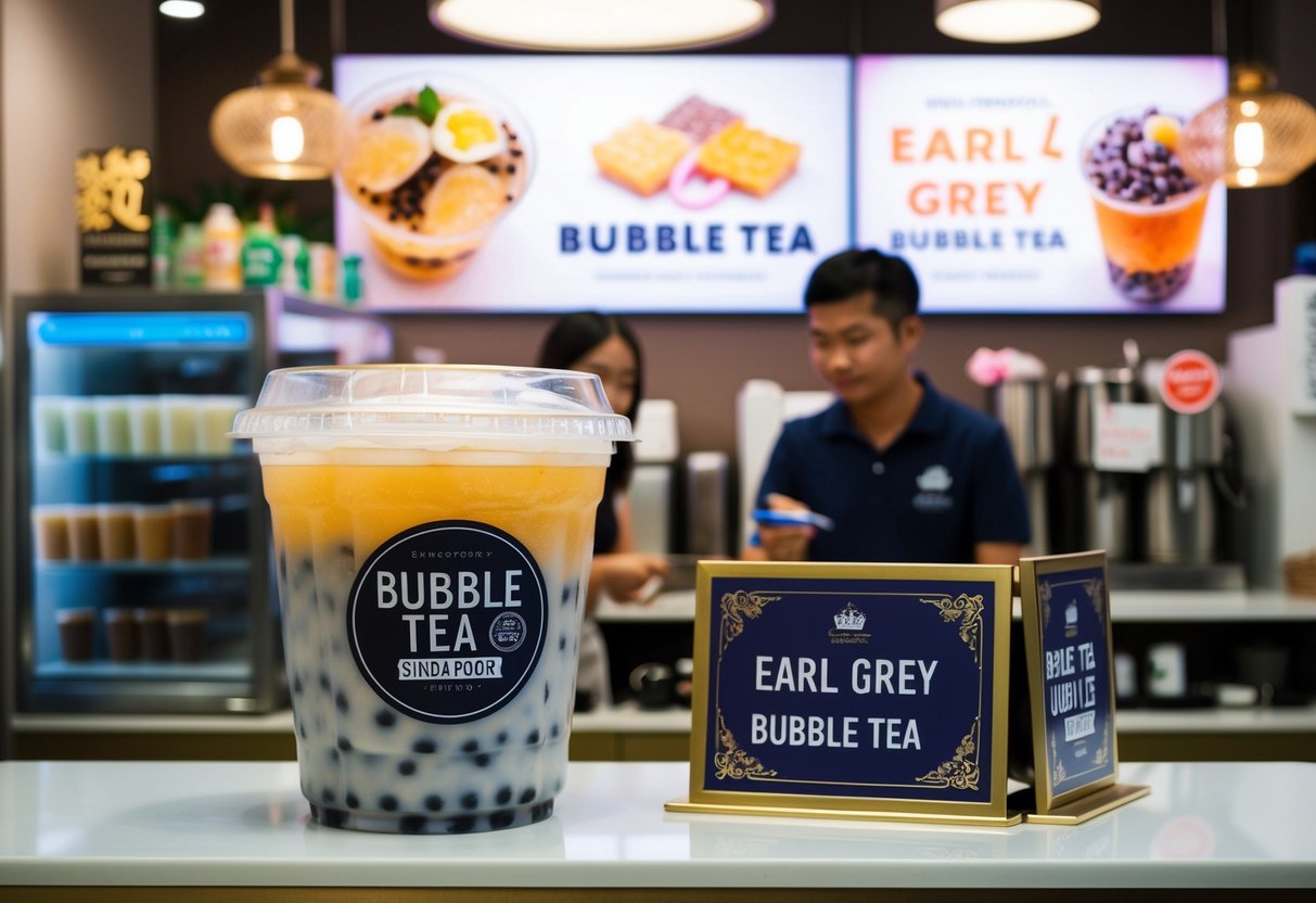 A bustling bubble tea shop with a display of Earl Grey bubble tea and a promotional sign in Singapore