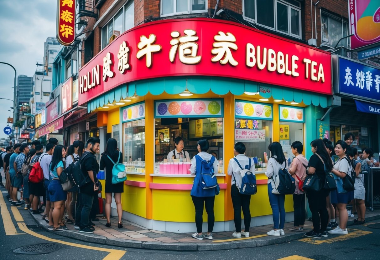 A bustling street corner with a colorful Hollin Bubble Tea shop, surrounded by promotional signs and a line of eager customers
