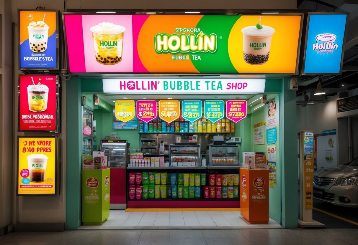 A vibrant hollin (bubble tea) shop in Singapore with colorful promotional posters and enticing offers displayed prominently