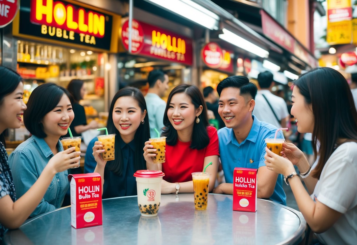 A group of people enjoying Hollin bubble tea with promotional offers in a vibrant and bustling Singaporean street market