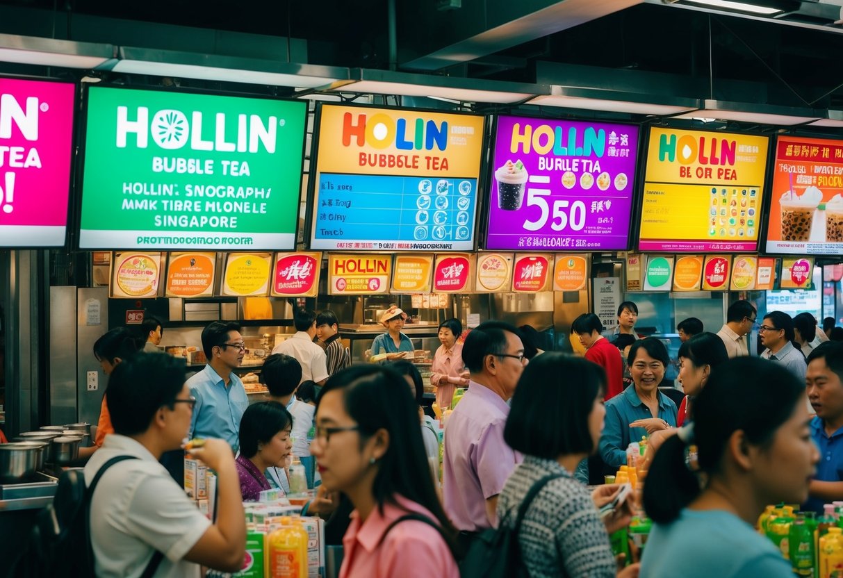 A bustling hawker center with colorful hollin (bubble tea) promotions displayed on vibrant signs, surrounded by eager customers in Singapore