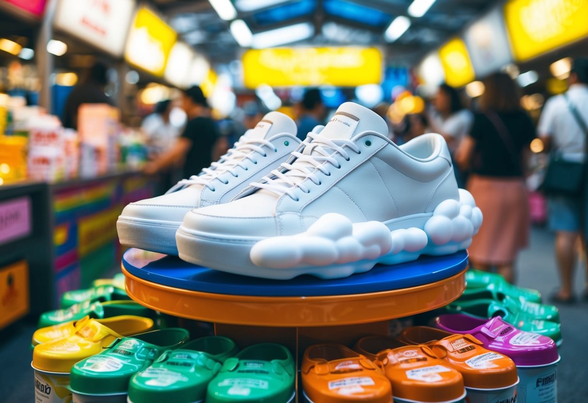 A pair of cloud-shaped shoes displayed on a vibrant promotional stand in a bustling Singapore market