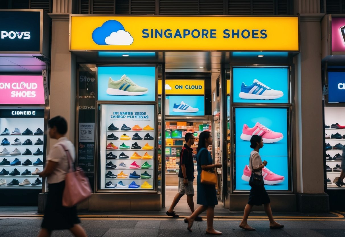 A bustling Singapore street with colorful On Cloud Shoes promotions displayed in storefront windows and on billboards