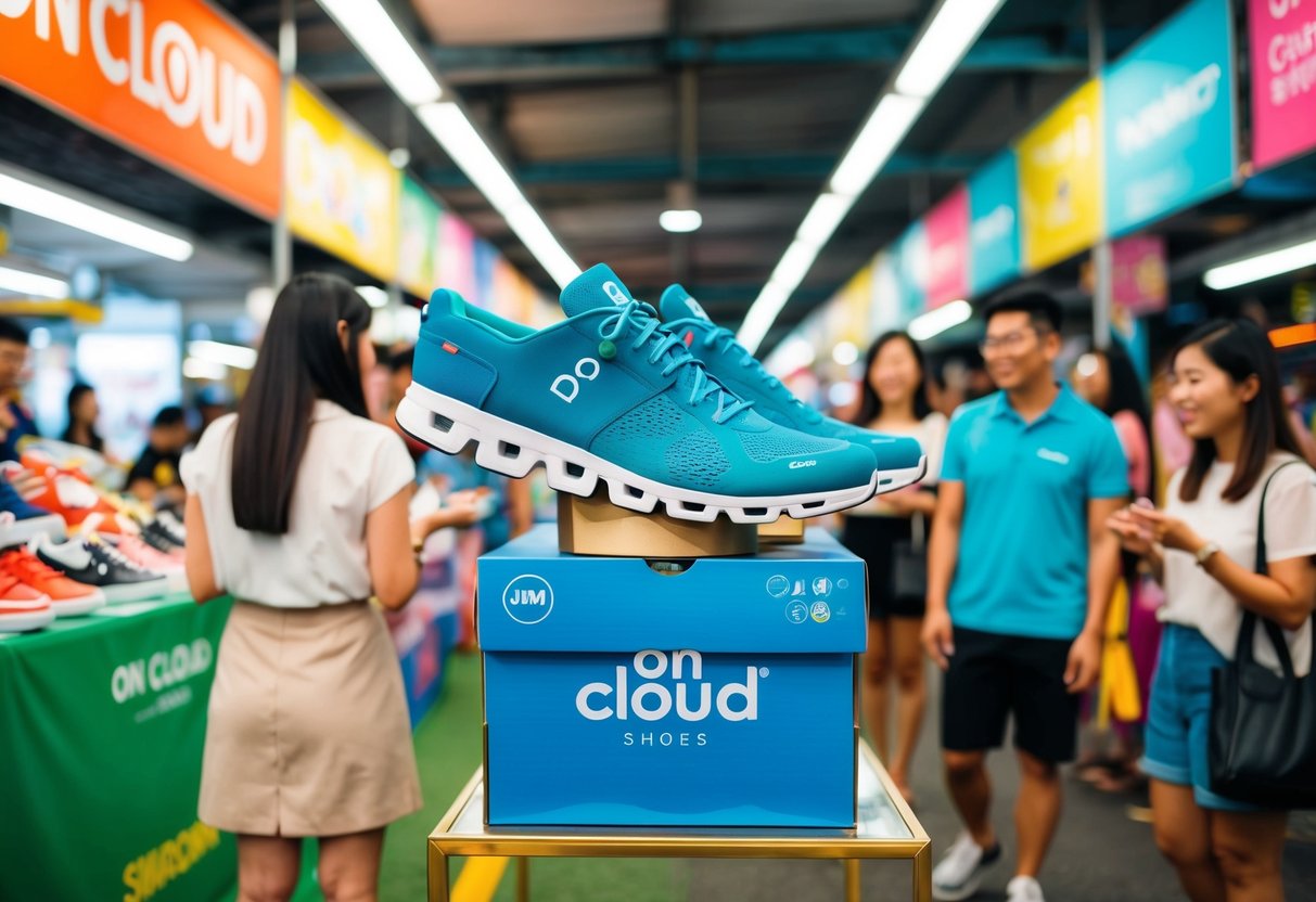 A pair of On Cloud shoes being showcased in a vibrant Singaporean street market, with colorful banners and excited customers browsing the promotional display