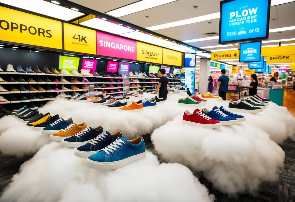 A colorful array of shoes displayed on clouds with promotional signs in a bustling Singapore shopping area