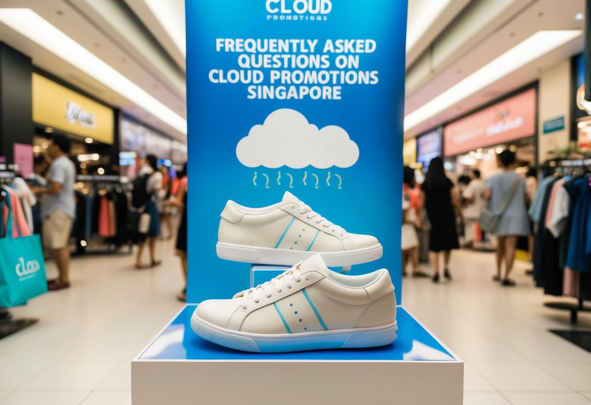 A pair of cloud-shaped shoes displayed with a banner of "Frequently Asked Questions on cloud promotions Singapore" in a vibrant and crowded shopping mall