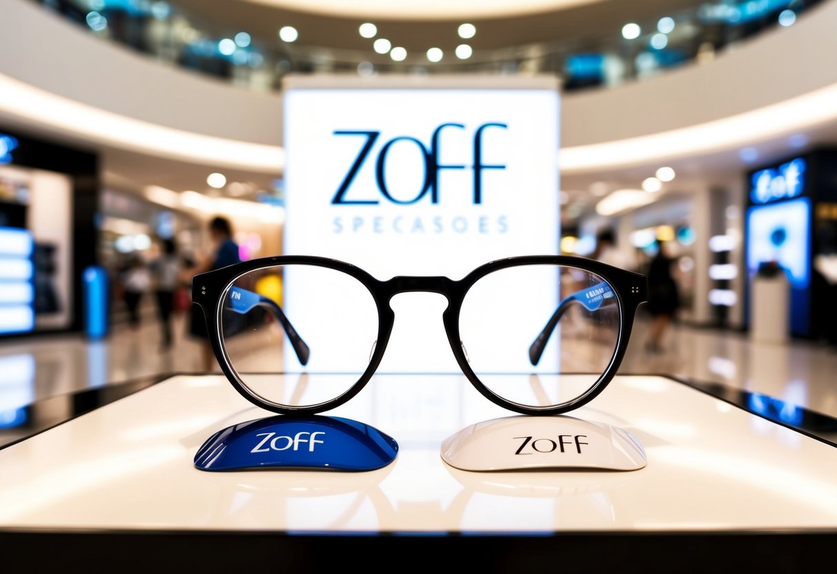 A sleek and modern display of Zoff spectacles and lenses in a bustling Singapore shopping mall