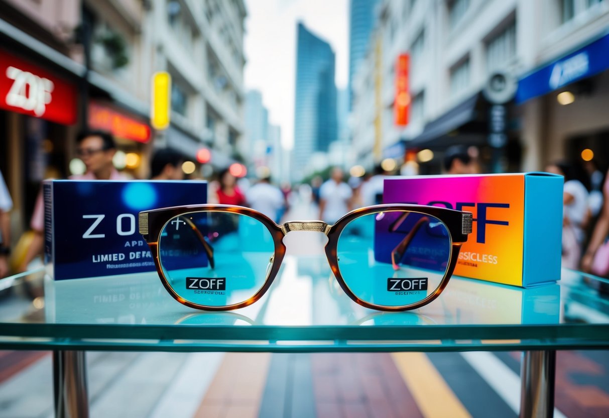 A bustling Singapore street with a vibrant display of limited edition Zoff spectacles, showcasing Japanese-quality lenses and frames