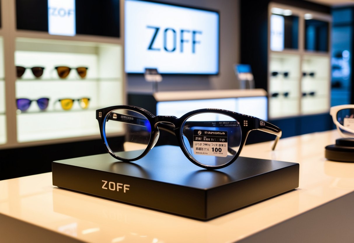 A sleek and modern display of Zoff spectacles and lenses in a Singaporean store, emphasizing Japanese craftsmanship and quality