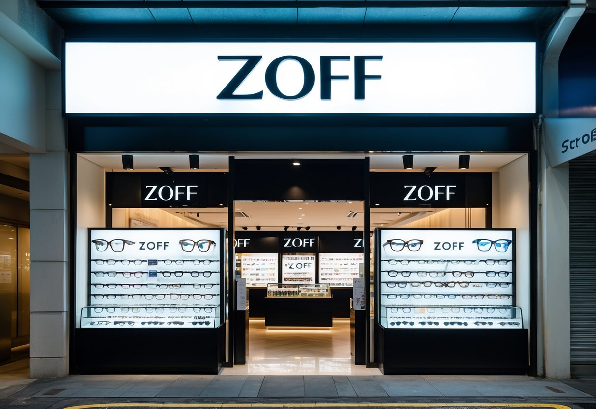 A bustling Singapore street with a prominent Zoff store, showcasing Japanese-quality spectacles and lenses with eye-catching promotional displays